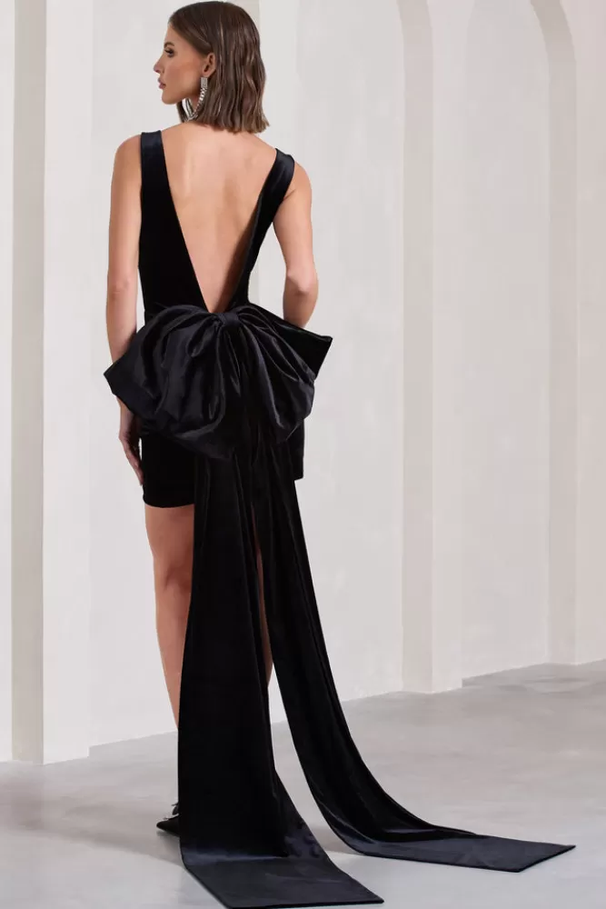 Club L London Gifting | Velvet Plunge Mini Dress With Oversized Bow BLACK New