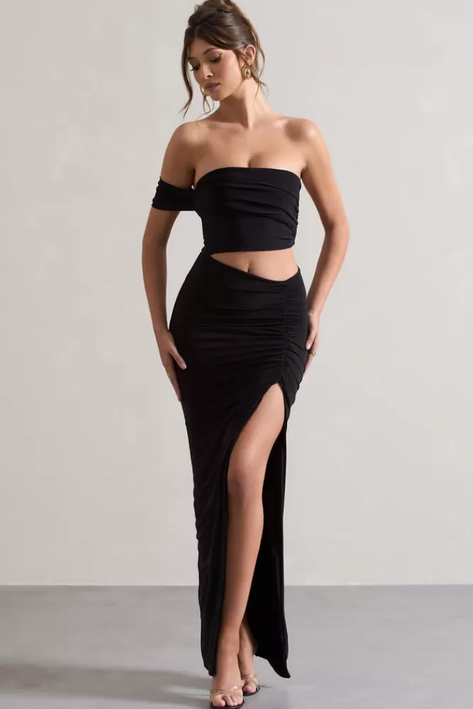 Club L London Gilded | One-Sleeved Cut-Out Split Maxi Dress BLACK Hot