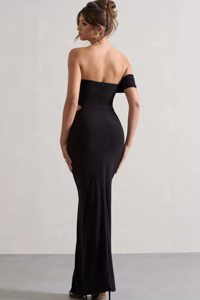 Club L London Gilded | One-Sleeved Cut-Out Split Maxi Dress BLACK Hot