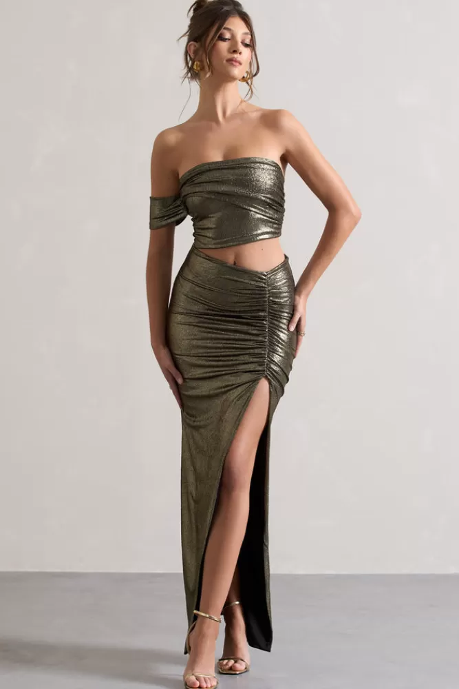 Club L London Gilded | Gold Metallic One-Sleeved Cut-Out Split Maxi Dress METALLICGOLD Flash Sale