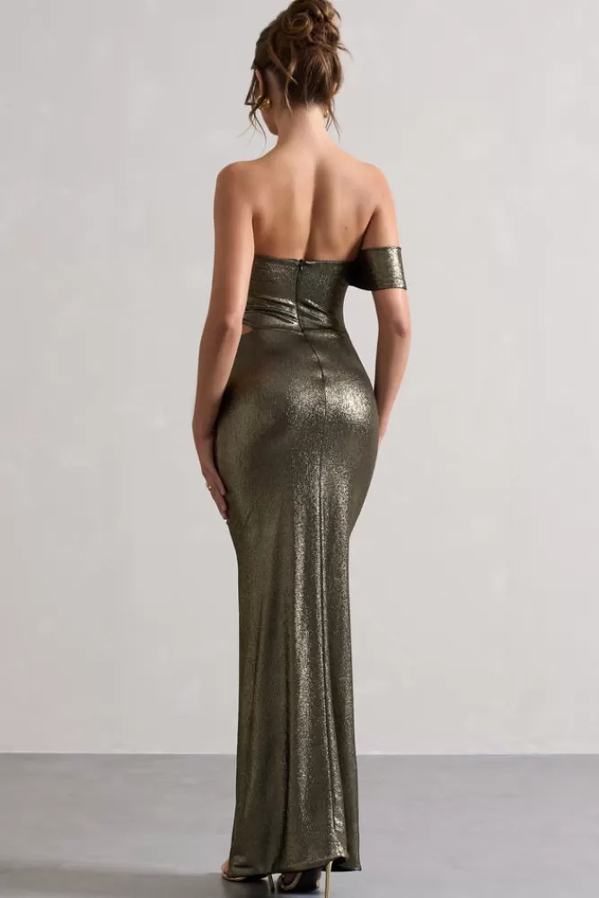 Club L London Gilded | Gold Metallic One-Sleeved Cut-Out Split Maxi Dress METALLICGOLD Flash Sale