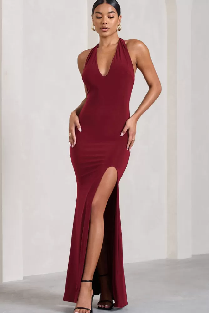 Club L London Glamour | Berry Backless V Plunge Halter Neck Maxi Dress With Side Split MERLOT Discount