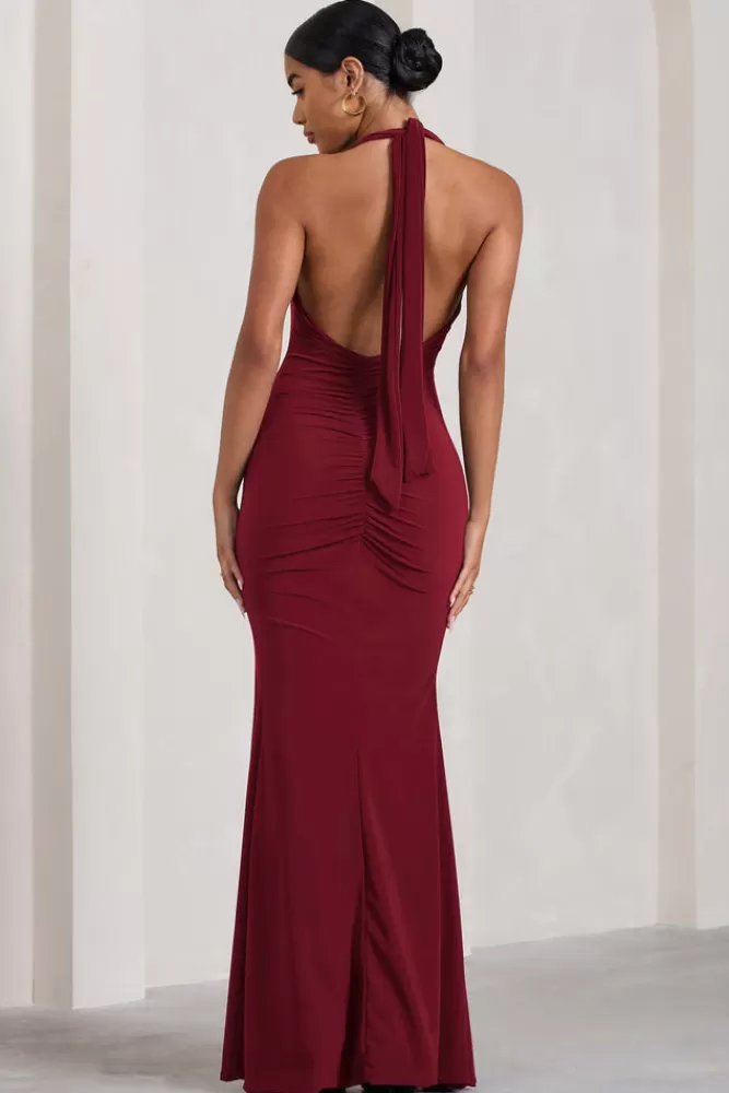 Club L London Glamour | Berry Backless V Plunge Halter Neck Maxi Dress With Side Split MERLOT Discount