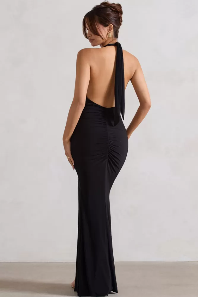 Club L London Glamour | Backless V Plunge Halter Neck Maxi Dress With Side Split Black Shop