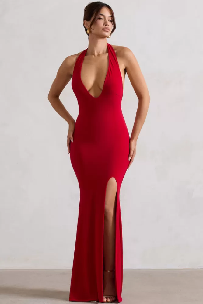 Club L London Glamour | Backless V Plunge Halter Neck Maxi Dress With Side Split Red Sale