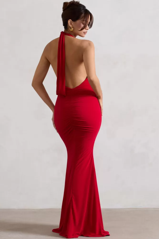 Club L London Glamour | Backless V Plunge Halter Neck Maxi Dress With Side Split Red Sale