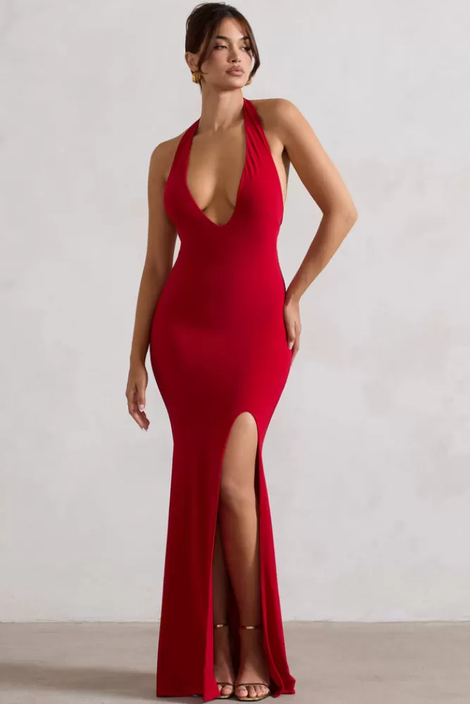 Club L London Glamour | Backless V Plunge Halter Neck Maxi Dress With Side Split Red Sale