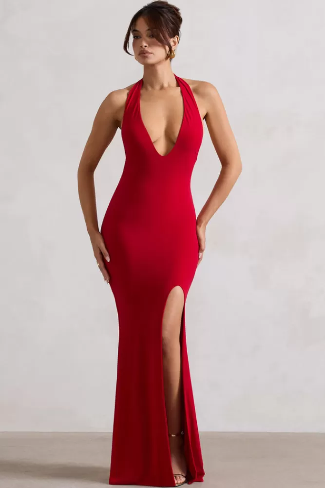 Club L London Glamour | Backless V Plunge Halter Neck Maxi Dress With Side Split Red Sale