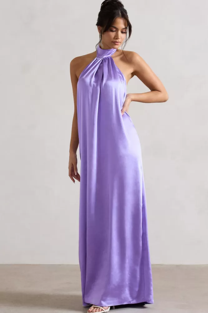 Club L London Gloriana | Lilac Satin High-Neck Maxi Dress PASTELLILAC Flash Sale