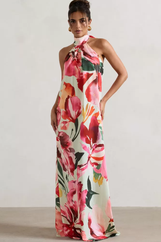 Club L London Gloriana | Mint Floral Print Satin High-Neck Maxi Dress PINKFLORALPRINT Store