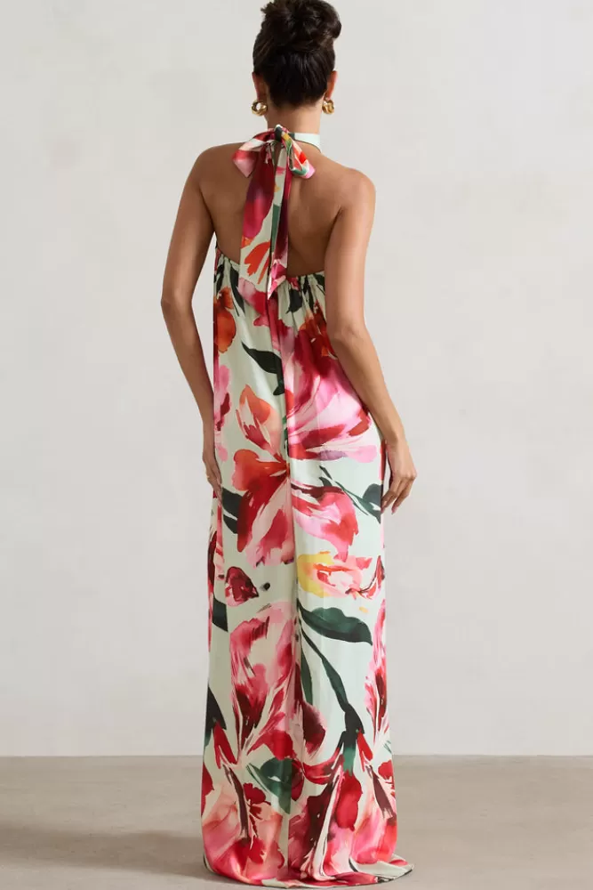 Club L London Gloriana | Mint Floral Print Satin High-Neck Maxi Dress PINKFLORALPRINT Store