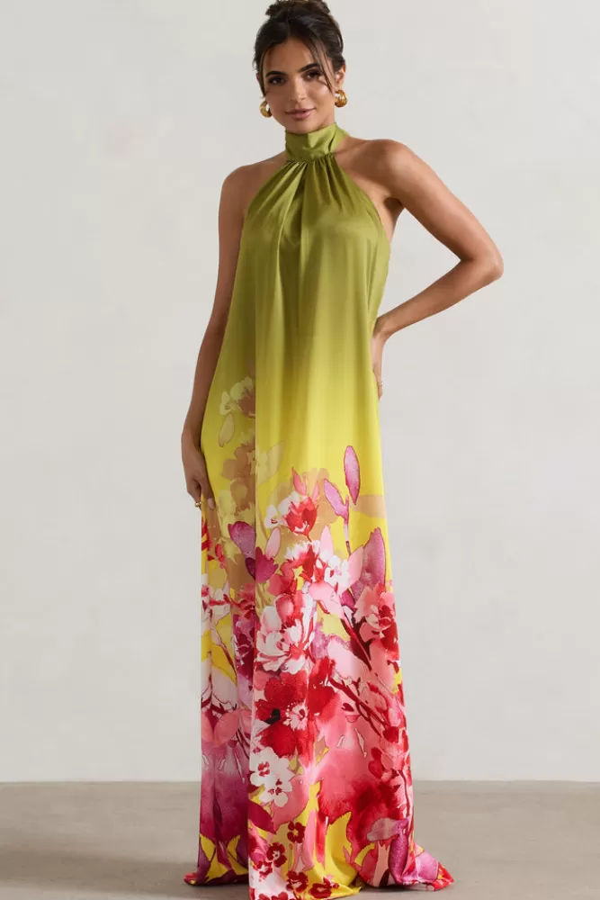 Club L London Gloriana | Pink and Green Floral Print Satin High-Neck Maxi Dress PINKFLORALPRINT Outlet