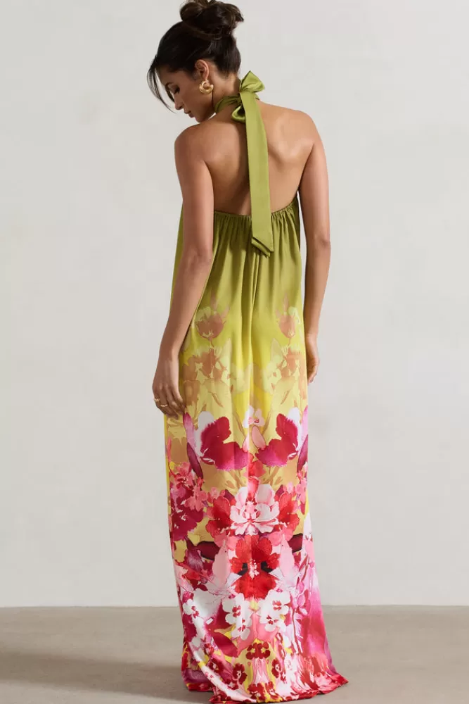 Club L London Gloriana | Pink and Green Floral Print Satin High-Neck Maxi Dress PINKFLORALPRINT Outlet