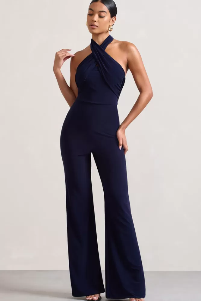 Club L London Goddess | Halter Neck Flare Jumpsuit NAVY Flash Sale