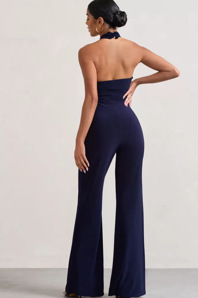 Club L London Goddess | Halter Neck Flare Jumpsuit NAVY Flash Sale