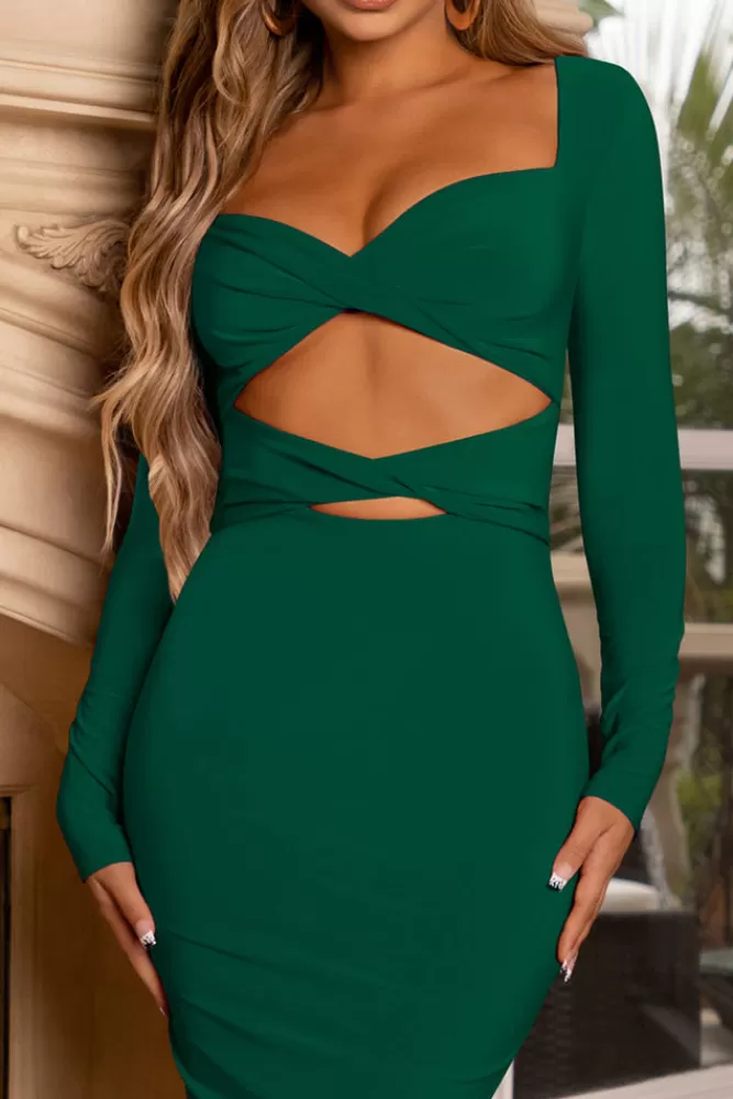 Club L London Going Places | Bottle Green Double Twist Front Long Sleeve Midi Dress BottleGreen Hot
