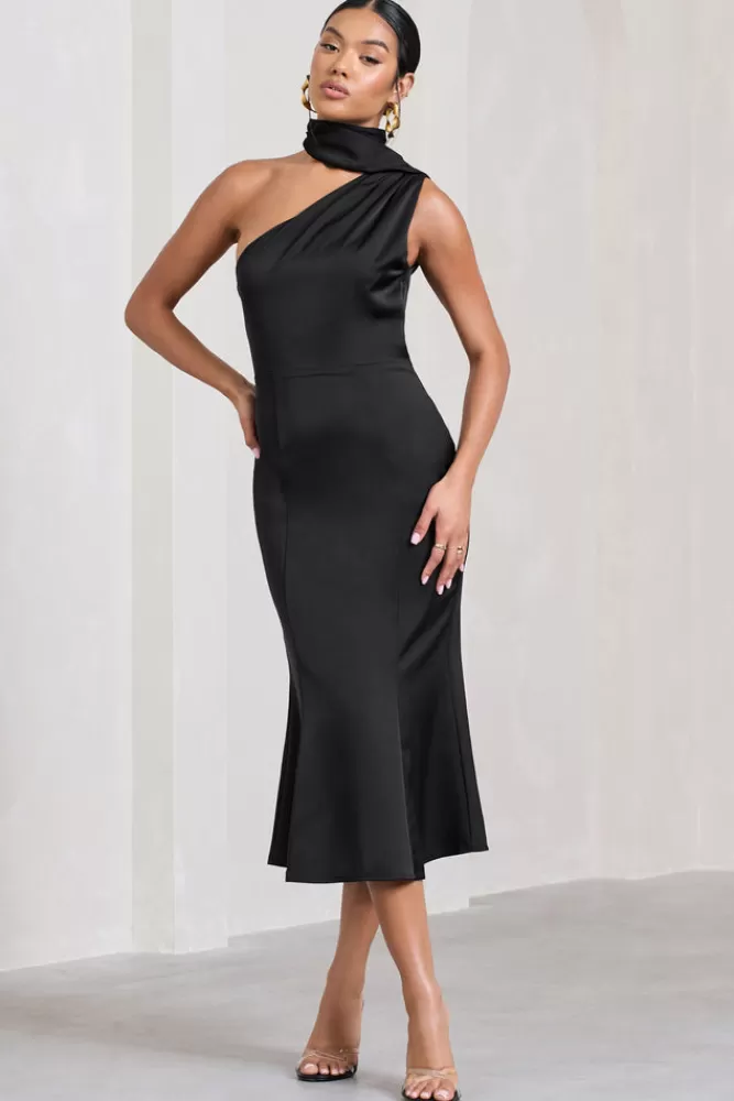 Club L London Golden Girl | Satin One Shoulder High-Neck Flared Midi Dress BLACK Online