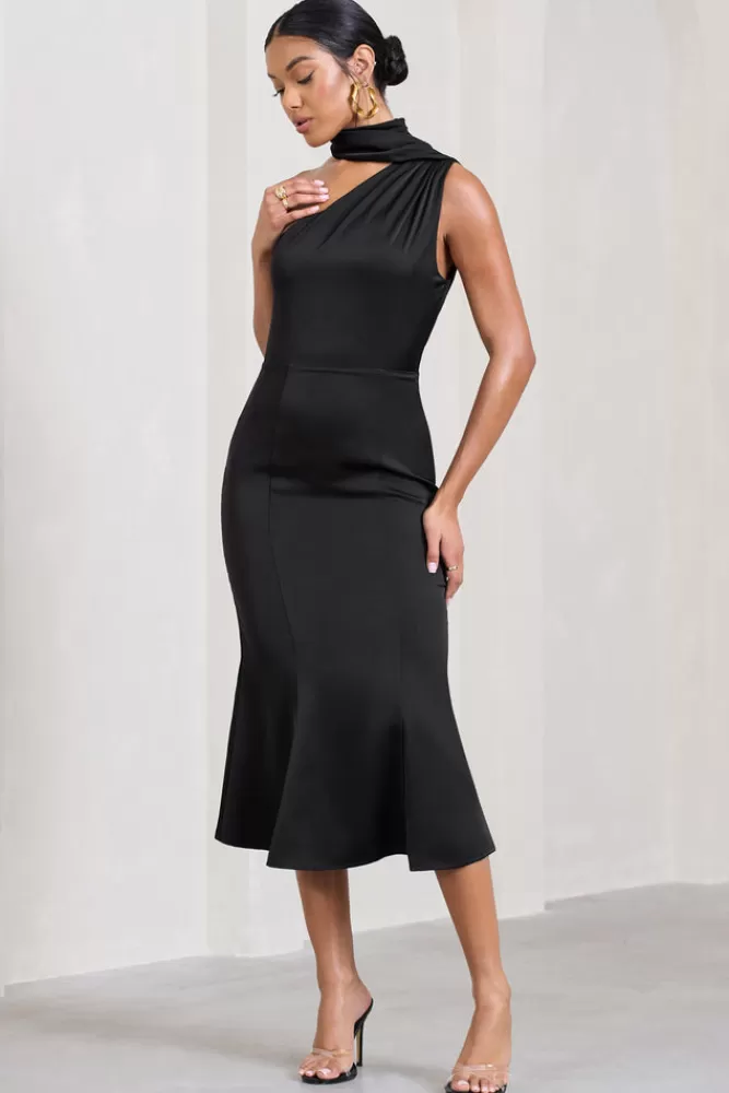 Club L London Golden Girl | Satin One Shoulder High-Neck Flared Midi Dress BLACK Online