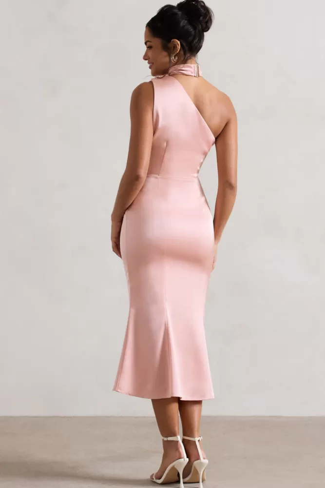 Club L London Golden Girl | Blush Pink Satin One Shoulder High-Neck Flared Midi Dress BLUSHPINK Hot