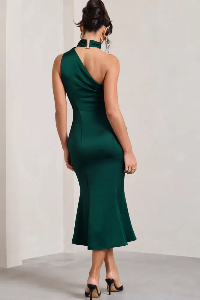 Club L London Golden Girl | Bottle Green Satin One Shoulder High-Neck Flared Midi Dress BOTTLEGREEN Shop