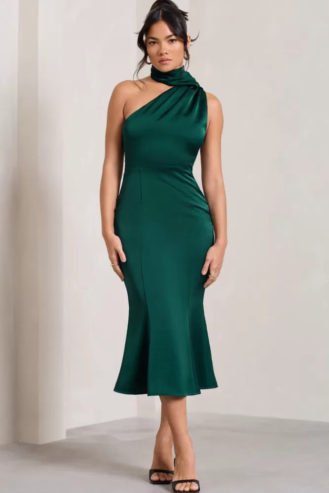Club L London Golden Girl | Bottle Green Satin One Shoulder High-Neck Flared Midi Dress BOTTLEGREEN Shop
