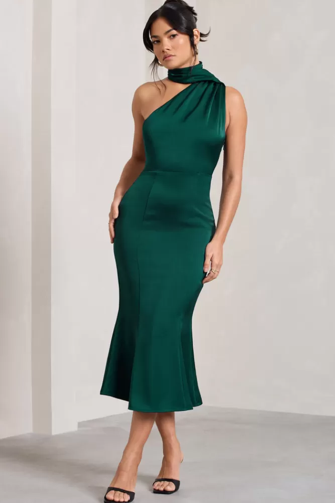 Club L London Golden Girl | Bottle Green Satin One Shoulder High-Neck Flared Midi Dress BOTTLEGREEN Shop