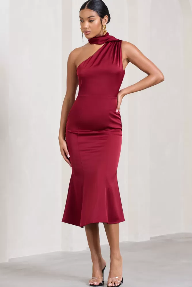 Club L London Golden Girl | Satin One Shoulder High-Neck Flared Midi Dress BURGUNDY Clearance