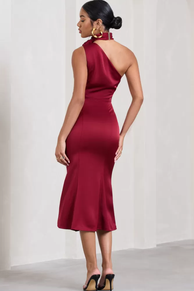 Club L London Golden Girl | Satin One Shoulder High-Neck Flared Midi Dress BURGUNDY Clearance