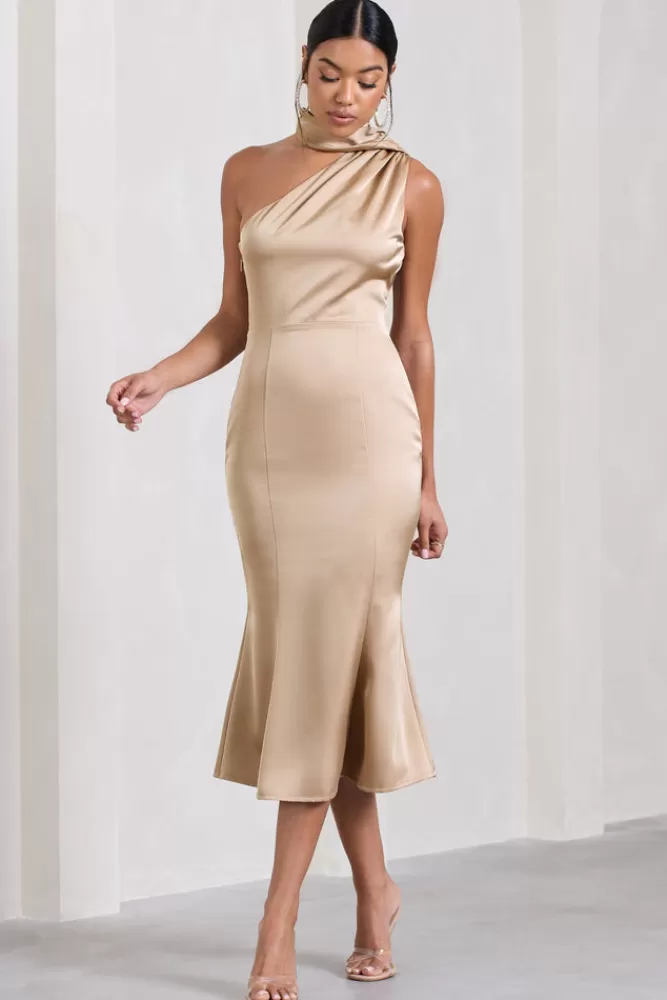 Club L London Golden Girl | Satin One Shoulder High-Neck Flared Midi Dress CHAMPAGNE Best