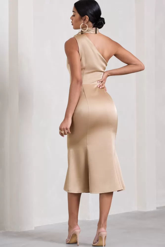 Club L London Golden Girl | Satin One Shoulder High-Neck Flared Midi Dress CHAMPAGNE Best