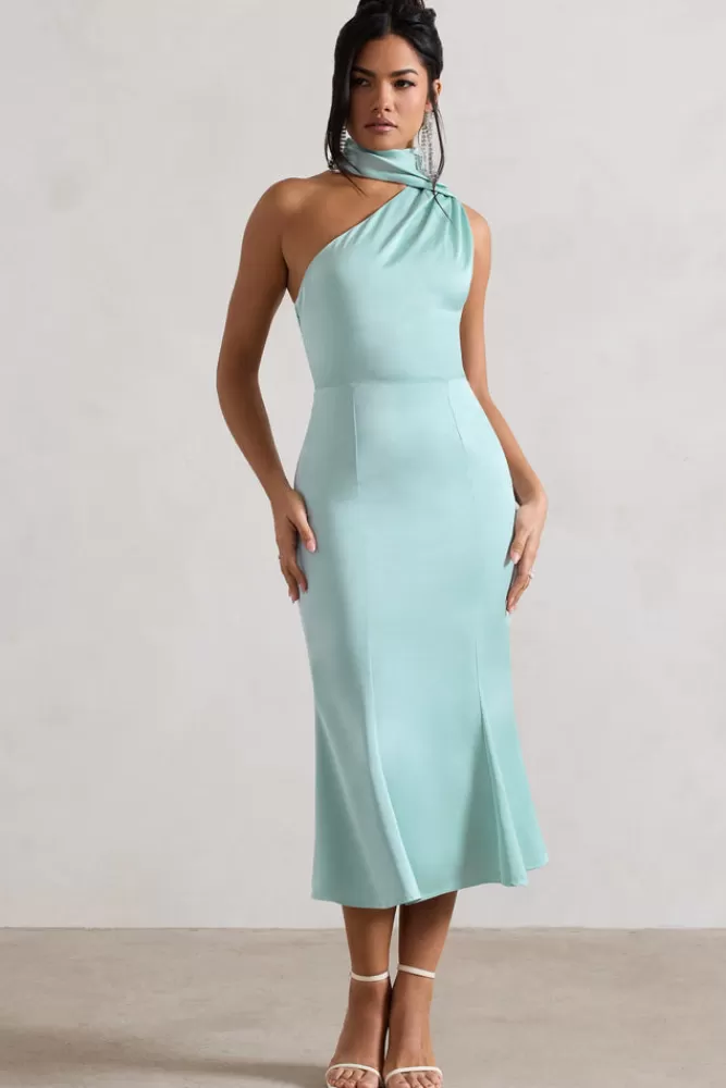 Club L London Golden Girl | Satin One Shoulder High-Neck Flared Midi Dress MINT Shop
