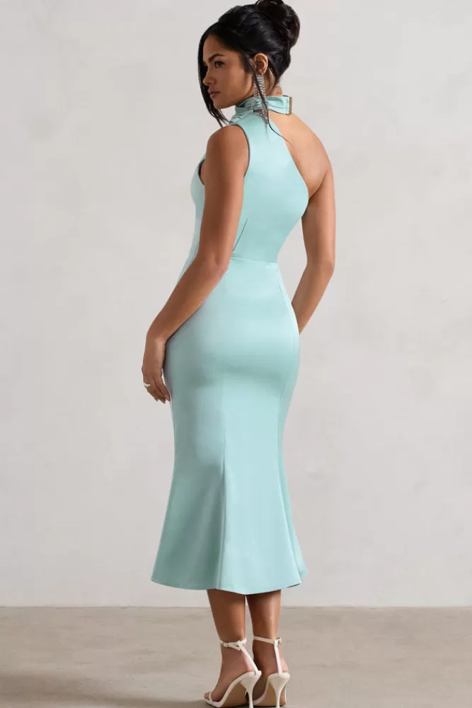 Club L London Golden Girl | Satin One Shoulder High-Neck Flared Midi Dress MINT Shop