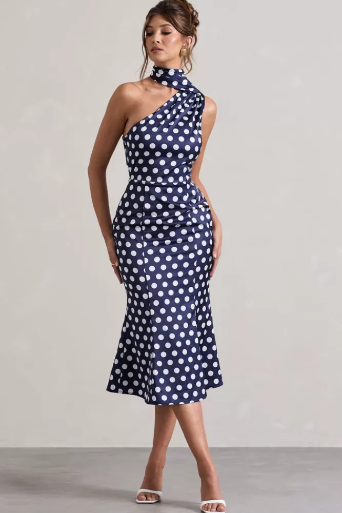 Club L London Golden Girl | Navy Polka Dot Asymmetric High-Neck Flared Midi Dress POLKADOT Discount