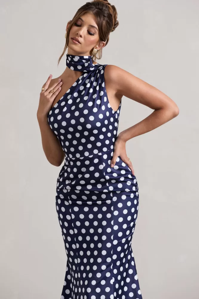 Club L London Golden Girl | Navy Polka Dot Asymmetric High-Neck Flared Midi Dress POLKADOT Discount