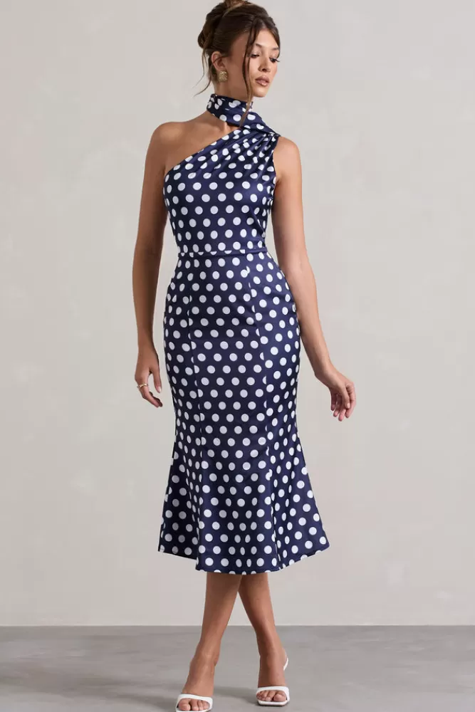 Club L London Golden Girl | Navy Polka Dot Asymmetric High-Neck Flared Midi Dress POLKADOT Discount