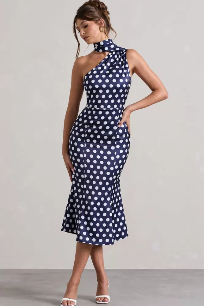 Club L London Golden Girl | Navy Polka Dot Asymmetric High-Neck Flared Midi Dress POLKADOT Discount