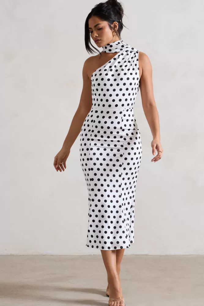 Club L London Golden Girl | White Polka Dot One Shoulder High-Neck Flared Midi Dress WHITEBASEPOLKADOT Hot