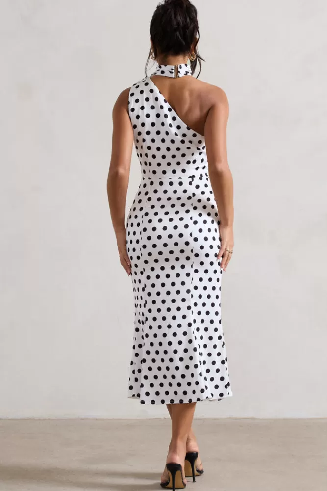 Club L London Golden Girl | White Polka Dot One Shoulder High-Neck Flared Midi Dress WHITEBASEPOLKADOT Hot