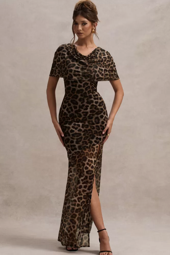 Club L London Gomez | Leopard Print Mesh Cowl-Neck Split Maxi Dress LEOPARDPRINT Flash Sale