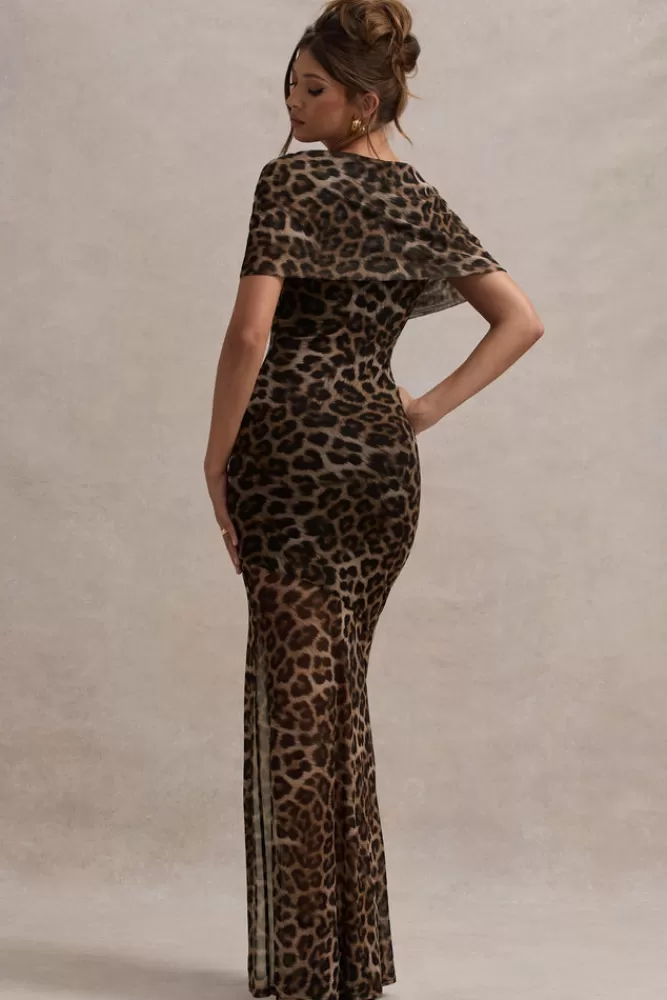 Club L London Gomez | Leopard Print Mesh Cowl-Neck Split Maxi Dress LEOPARDPRINT Flash Sale