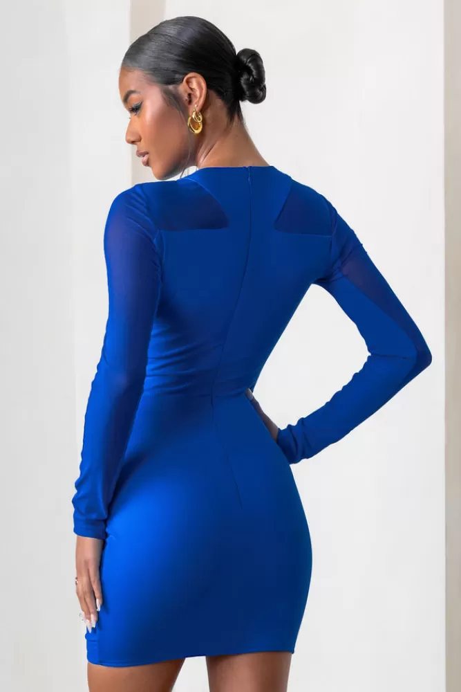 Club L London Grand Style | Royal Blue Mesh High Neck Cut Out Long Sleeves Mini Dress ELECTRICBLUE Fashion