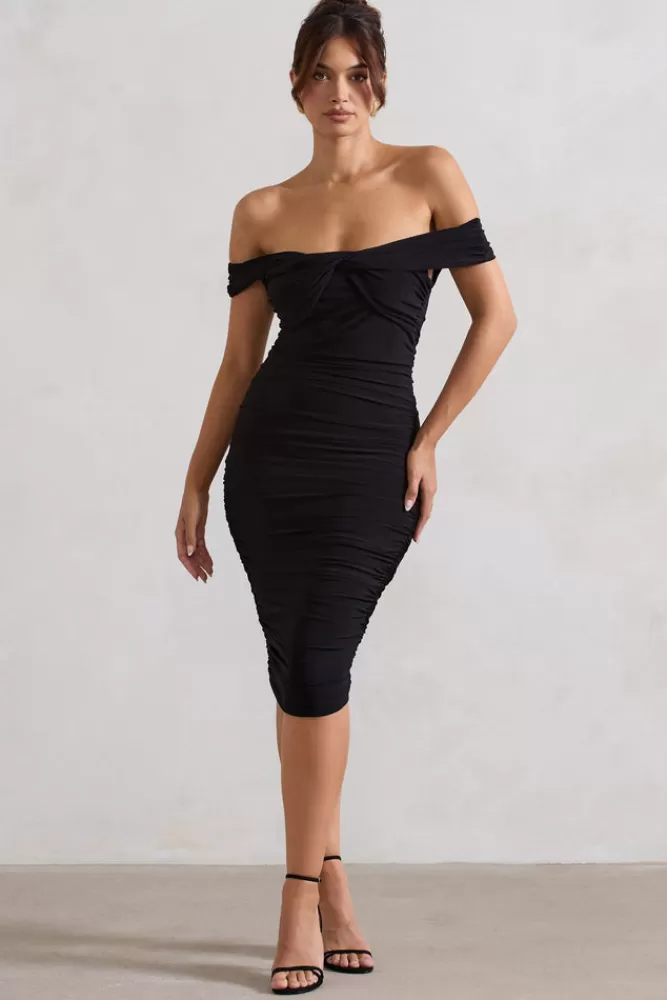 Club L London Gratitude | Velvet Off The Shoulder Ruched Midi Dress Black Store