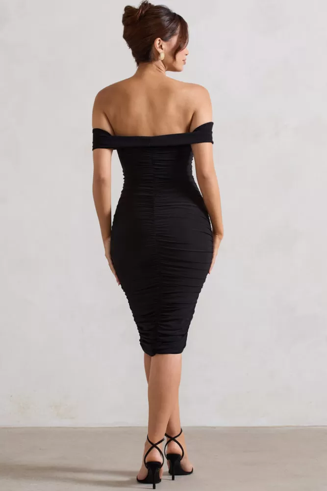 Club L London Gratitude | Velvet Off The Shoulder Ruched Midi Dress Black Store