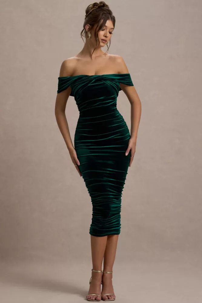 Club L London Gratitude | Bottle Green Velvet Off The Shoulder Ruched Midi Dress bottlegreen Cheap