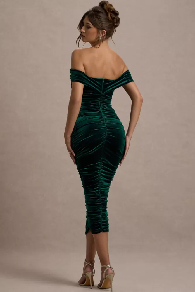 Club L London Gratitude | Bottle Green Velvet Off The Shoulder Ruched Midi Dress bottlegreen Cheap