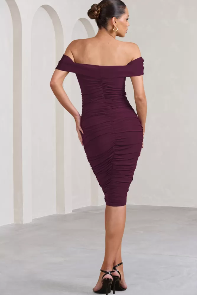 Club L London Gratitude | Off The Shoulder Ruched Midi Dress PLUM Flash Sale
