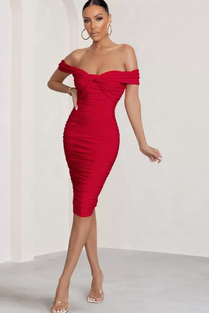 Club L London Gratitude | Off The Shoulder Ruched Midi Dress RED Store