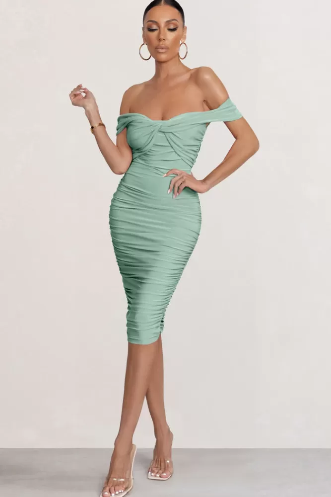 Club L London Gratitude | Off The Shoulder Ruched Midi Dress Sage Sale