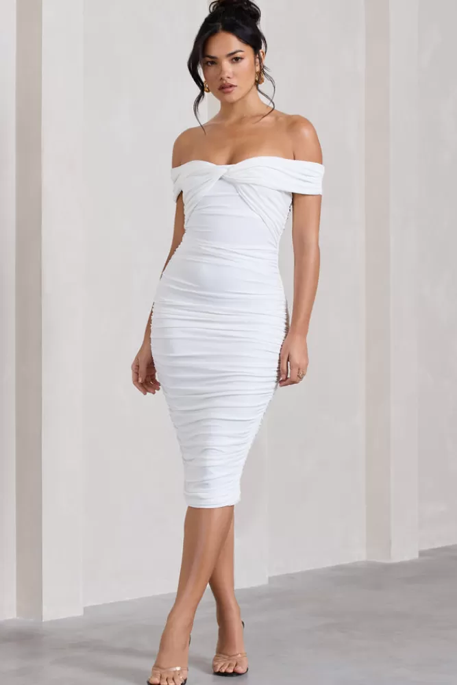 Club L London Gratitude | Off The Shoulder Ruched Midi Dress White Outlet