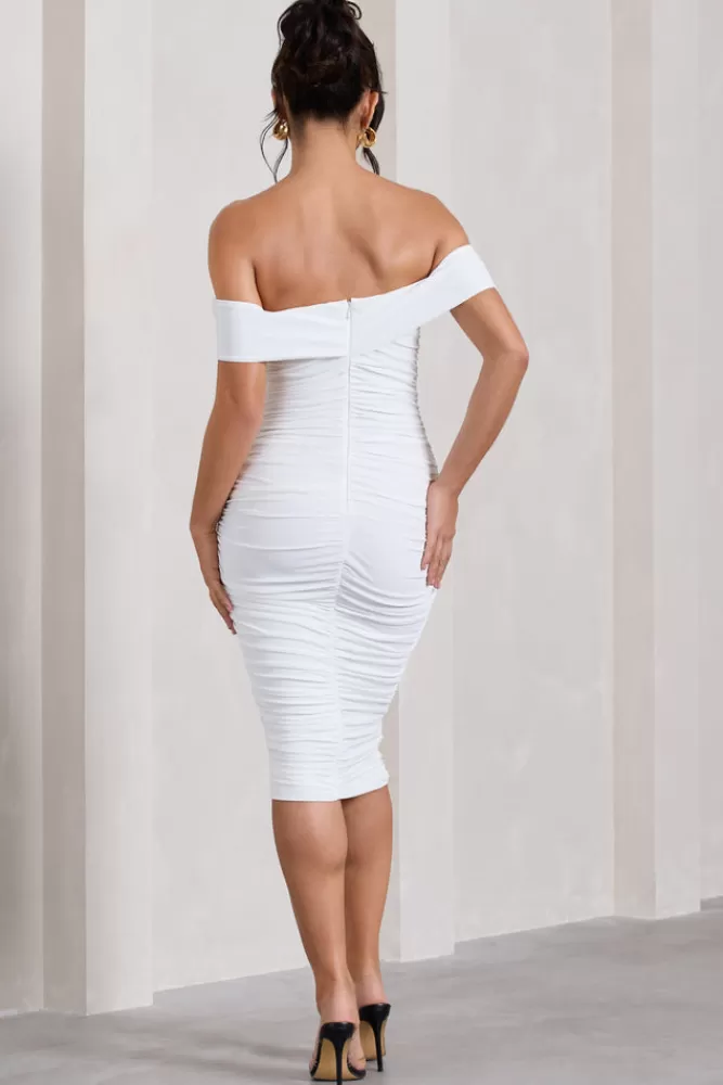 Club L London Gratitude | Off The Shoulder Ruched Midi Dress White Outlet